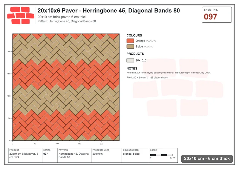 Interlock (Pasco) 20x10 cm · RC21-97 · Herringbone 45, Diagonal Bands 80 · Laying plan Interlock (Pasco) 20x10 cm · RC21-97 · Herringbone 45, Diagonal Bands 80 · Laying plan