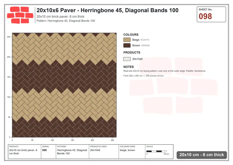 Interlock (Pasco) 20x10 cm · RC21-98 · Herringbone 45, Diagonal Bands 100 · Laying plan Interlock (Pasco) 20x10 cm · RC21-98 · Herringbone 45, Diagonal Bands 100 · Laying plan