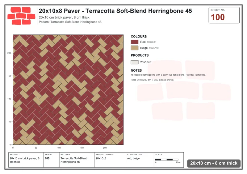 Interlock (Pasco) 20x10 cm · RC21T8-100 · Terracotta Soft-Blend Herringbone 45 · Laying plan Interlock (Pasco) 20x10 cm · RC21T8-100 · Terracotta Soft-Blend Herringbone 45 · Laying plan
