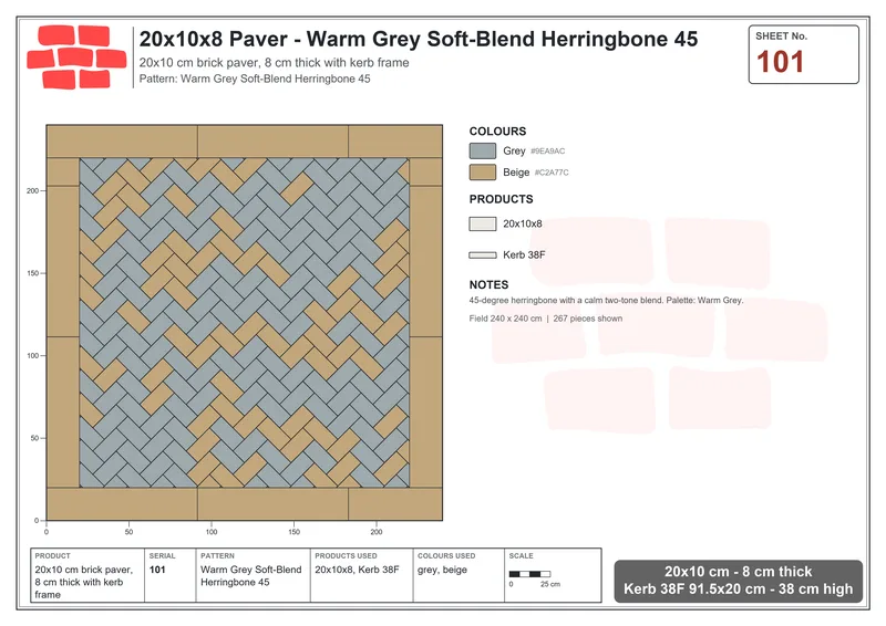 انترلوك (باسكو) 20x10 سم · RC21T8-101 · دافئ رمادي Soft-Blend عظم السمكة 45 · مخطط التركيب انترلوك (باسكو) 20x10 سم · RC21T8-101 · دافئ رمادي Soft-Blend عظم السمكة 45 · مخطط التركيب