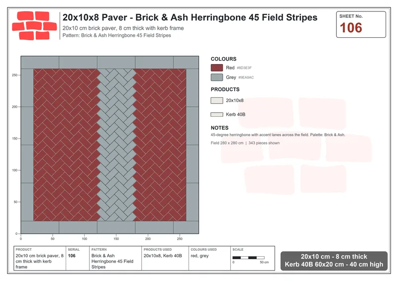 Interlock (Pasco) 20x10 cm · RC21T8-106 · Brick & Ash Herringbone 45 Field Stripes · Laying plan Interlock (Pasco) 20x10 cm · RC21T8-106 · Brick & Ash Herringbone 45 Field Stripes · Laying plan
