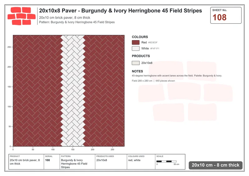 Interlock (Pasco) 20x10 cm · RC21T8-108 · Burgundy & Ivory Herringbone 45 Field Stripes · Laying plan Interlock (Pasco) 20x10 cm · RC21T8-108 · Burgundy & Ivory Herringbone 45 Field Stripes · Laying plan