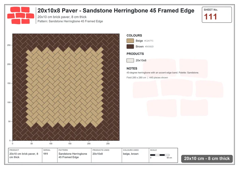 Interlock (Pasco) 20x10 cm · RC21T8-111 · Sandstone Herringbone 45 Framed Edge · Laying plan Interlock (Pasco) 20x10 cm · RC21T8-111 · Sandstone Herringbone 45 Framed Edge · Laying plan