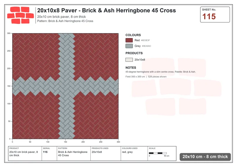 Interlock (Pasco) 20x10 cm · RC21T8-115 · Brick & Ash Herringbone 45 Cross · Laying plan Interlock (Pasco) 20x10 cm · RC21T8-115 · Brick & Ash Herringbone 45 Cross · Laying plan
