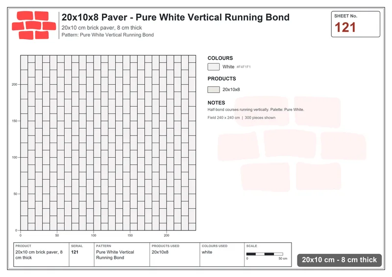 Interlock (Pasco) 20x10 cm · RC21T8-121 · Pure White Vertical Running Bond · Laying plan Interlock (Pasco) 20x10 cm · RC21T8-121 · Pure White Vertical Running Bond · Laying plan