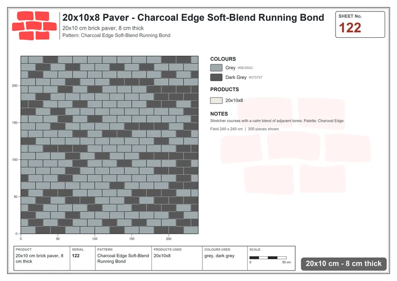Interlock (Pasco) 20x10 cm · RC21T8-122 · Charcoal Edge Soft-Blend Running Bond · Laying plan Interlock (Pasco) 20x10 cm · RC21T8-122 · Charcoal Edge Soft-Blend Running Bond · Laying plan