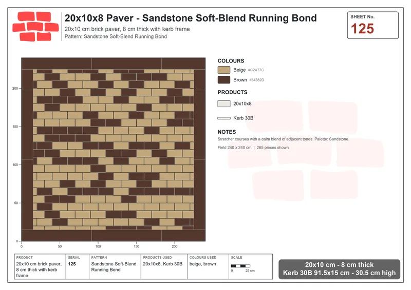 Interlock (Pasco) 20x10 cm · RC21T8-125 · Sandstone Soft-Blend Running Bond · Laying plan Interlock (Pasco) 20x10 cm · RC21T8-125 · Sandstone Soft-Blend Running Bond · Laying plan