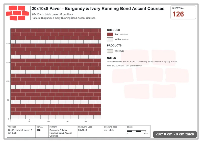 Interlock (Pasco) 20x10 cm · RC21T8-126 · Burgundy & Ivory Running Bond Accent Courses · Laying plan Interlock (Pasco) 20x10 cm · RC21T8-126 · Burgundy & Ivory Running Bond Accent Courses · Laying plan