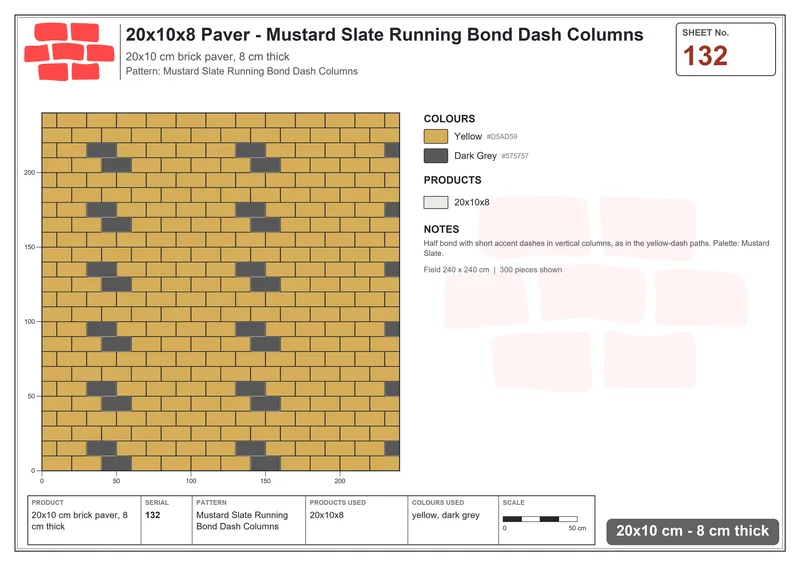 Interlock (Pasco) 20x10 cm · RC21T8-132 · Mustard Slate Running Bond Dash Columns · Laying plan Interlock (Pasco) 20x10 cm · RC21T8-132 · Mustard Slate Running Bond Dash Columns · Laying plan