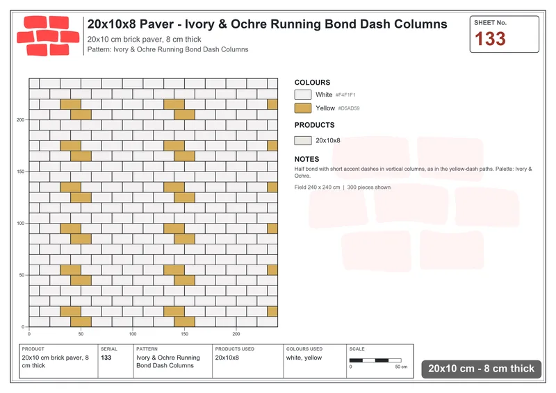 Interlock (Pasco) 20x10 cm · RC21T8-133 · Ivory & Ochre Running Bond Dash Columns · Laying plan Interlock (Pasco) 20x10 cm · RC21T8-133 · Ivory & Ochre Running Bond Dash Columns · Laying plan