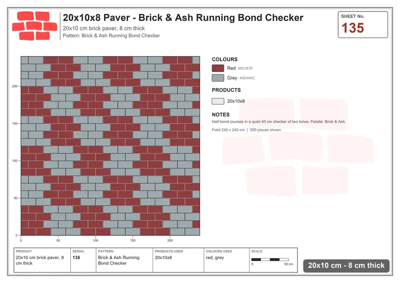 Interlock (Pasco) 20x10 cm · RC21T8-135 · Brick & Ash Running Bond Checker · Laying plan Interlock (Pasco) 20x10 cm · RC21T8-135 · Brick & Ash Running Bond Checker · Laying plan