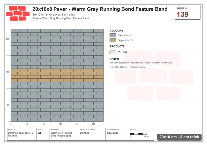 Interlock (Pasco) 20x10 cm · RC21T8-139 · Warm Grey Running Bond Feature Band · Laying plan Interlock (Pasco) 20x10 cm · RC21T8-139 · Warm Grey Running Bond Feature Band · Laying plan