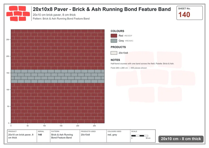 Interlock (Pasco) 20x10 cm · RC21T8-140 · Brick & Ash Running Bond Feature Band · Laying plan Interlock (Pasco) 20x10 cm · RC21T8-140 · Brick & Ash Running Bond Feature Band · Laying plan