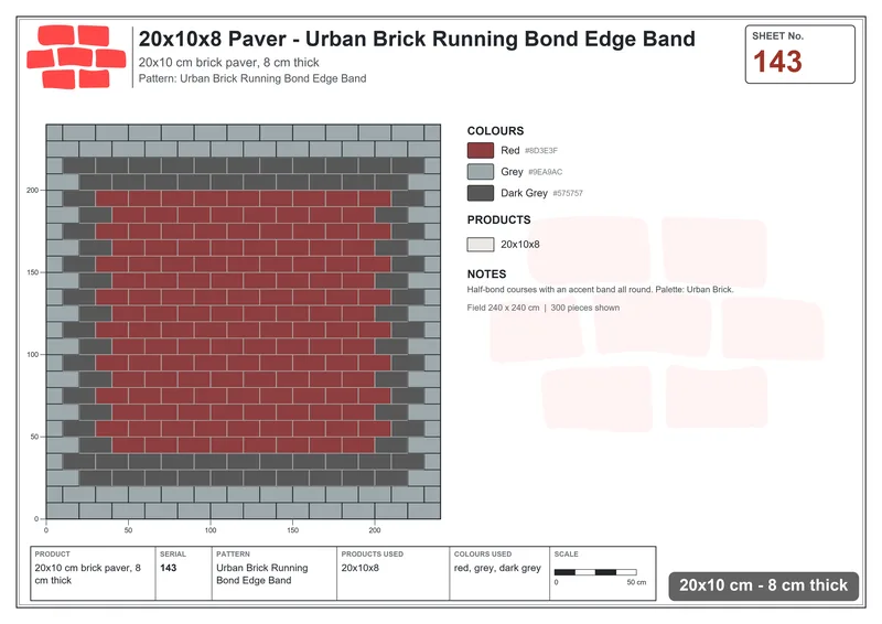 Interlock (Pasco) 20x10 cm · RC21T8-143 · Urban Brick Running Bond Edge Band · Laying plan Interlock (Pasco) 20x10 cm · RC21T8-143 · Urban Brick Running Bond Edge Band · Laying plan