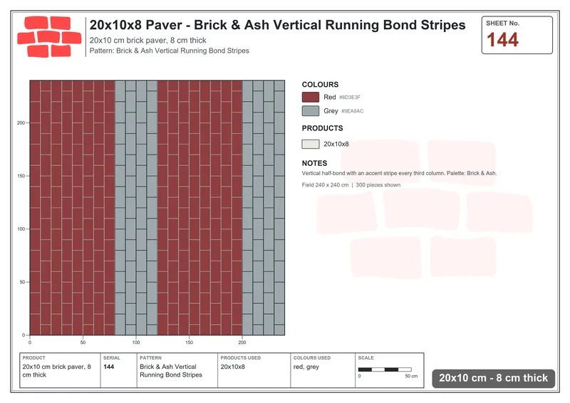 Interlock (Pasco) 20x10 cm · RC21T8-144 · Brick & Ash Vertical Running Bond Stripes · Laying plan Interlock (Pasco) 20x10 cm · RC21T8-144 · Brick & Ash Vertical Running Bond Stripes · Laying plan