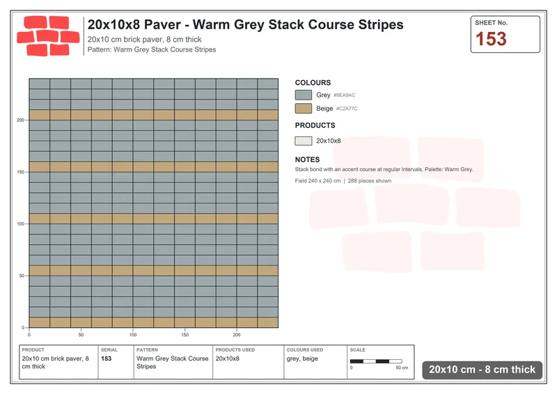Interlock (Pasco) 20x10 cm · RC21T8-153 · Warm Grey Stack Course Stripes · Laying plan Interlock (Pasco) 20x10 cm · RC21T8-153 · Warm Grey Stack Course Stripes · Laying plan