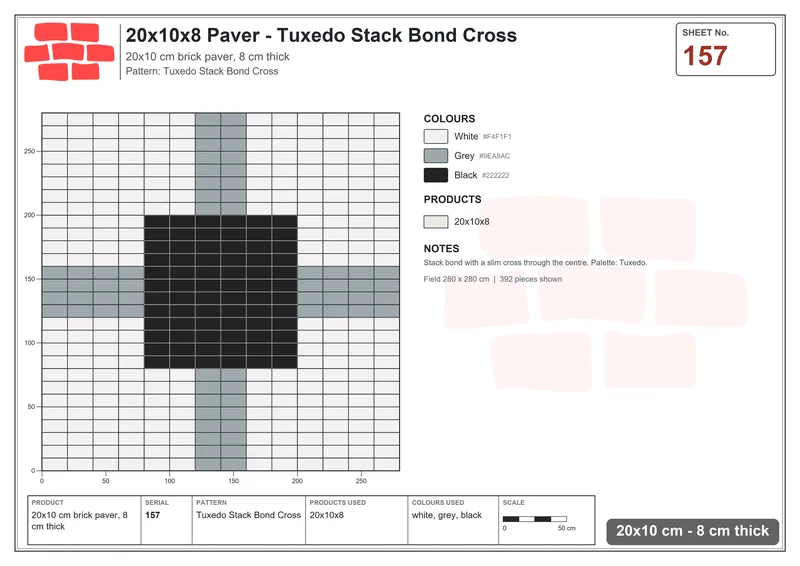 Interlock (Pasco) 20x10 cm · RC21T8-157 · Tuxedo Stack Bond Cross · Laying plan Interlock (Pasco) 20x10 cm · RC21T8-157 · Tuxedo Stack Bond Cross · Laying plan