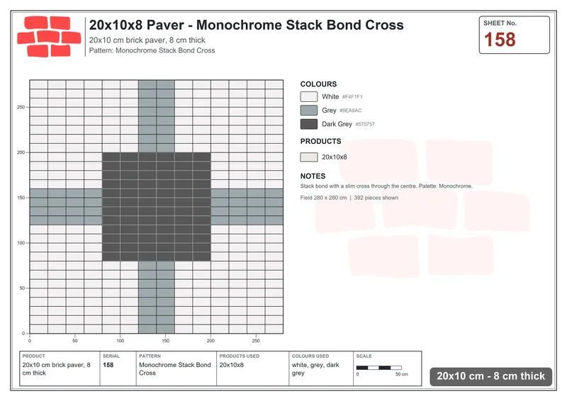 Interlock (Pasco) 20x10 cm · RC21T8-158 · Monochrome Stack Bond Cross · Laying plan Interlock (Pasco) 20x10 cm · RC21T8-158 · Monochrome Stack Bond Cross · Laying plan