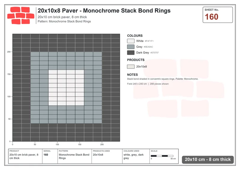 Interlock (Pasco) 20x10 cm · RC21T8-160 · Monochrome Stack Bond Rings · Laying plan Interlock (Pasco) 20x10 cm · RC21T8-160 · Monochrome Stack Bond Rings · Laying plan