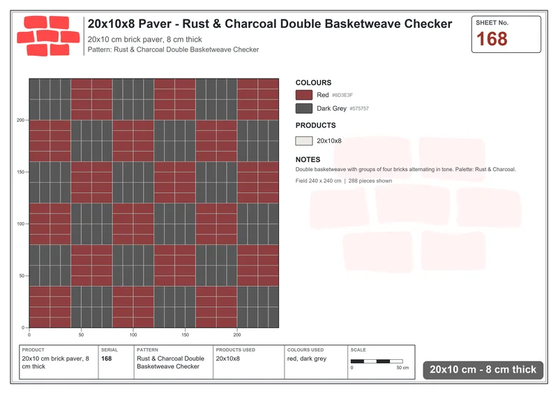 Interlock (Pasco) 20x10 cm · RC21T8-168 · Rust & Charcoal Double Basketweave Checker · Laying plan Interlock (Pasco) 20x10 cm · RC21T8-168 · Rust & Charcoal Double Basketweave Checker · Laying plan