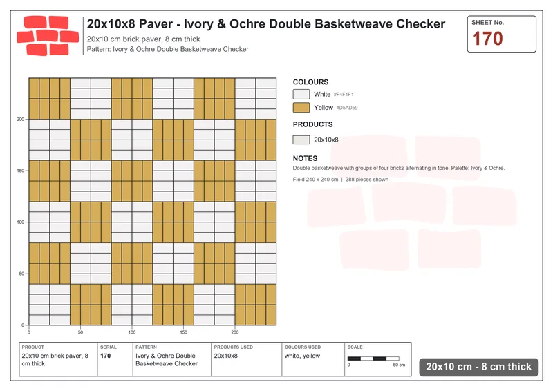 Interlock (Pasco) 20x10 cm · RC21T8-170 · Ivory & Ochre Double Basketweave Checker · Laying plan Interlock (Pasco) 20x10 cm · RC21T8-170 · Ivory & Ochre Double Basketweave Checker · Laying plan