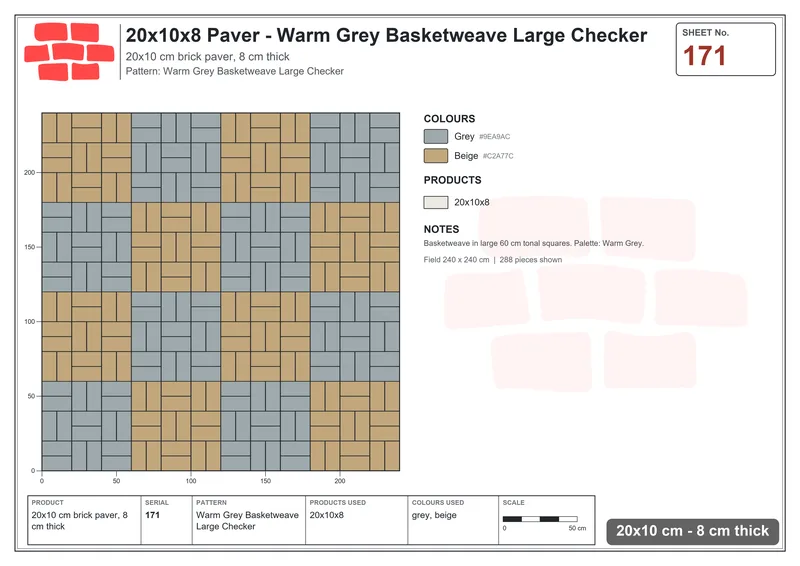Interlock (Pasco) 20x10 cm · RC21T8-171 · Warm Grey Basketweave Large Checker · Laying plan Interlock (Pasco) 20x10 cm · RC21T8-171 · Warm Grey Basketweave Large Checker · Laying plan