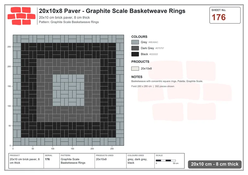 Interlock (Pasco) 20x10 cm · RC21T8-176 · Graphite Scale Basketweave Rings · Laying plan Interlock (Pasco) 20x10 cm · RC21T8-176 · Graphite Scale Basketweave Rings · Laying plan