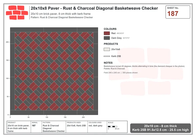 Interlock (Pasco) 20x10 cm · RC21T8-187 · Rust & Charcoal Diagonal Basketweave Checker · Laying plan Interlock (Pasco) 20x10 cm · RC21T8-187 · Rust & Charcoal Diagonal Basketweave Checker · Laying plan