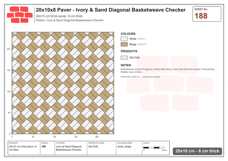Interlock (Pasco) 20x10 cm · RC21T8-188 · Ivory & Sand Diagonal Basketweave Checker · Laying plan Interlock (Pasco) 20x10 cm · RC21T8-188 · Ivory & Sand Diagonal Basketweave Checker · Laying plan