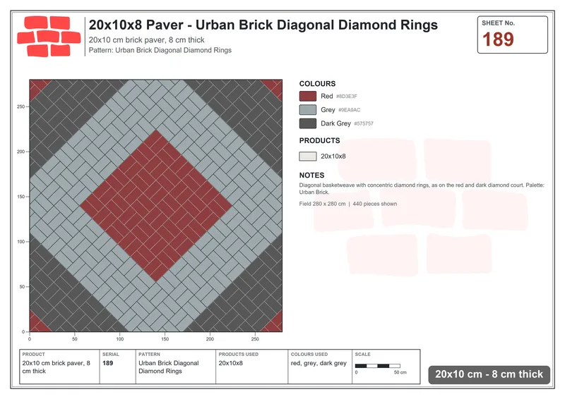 Interlock (Pasco) 20x10 cm · RC21T8-189 · Urban Brick Diagonal Diamond Rings · Laying plan Interlock (Pasco) 20x10 cm · RC21T8-189 · Urban Brick Diagonal Diamond Rings · Laying plan