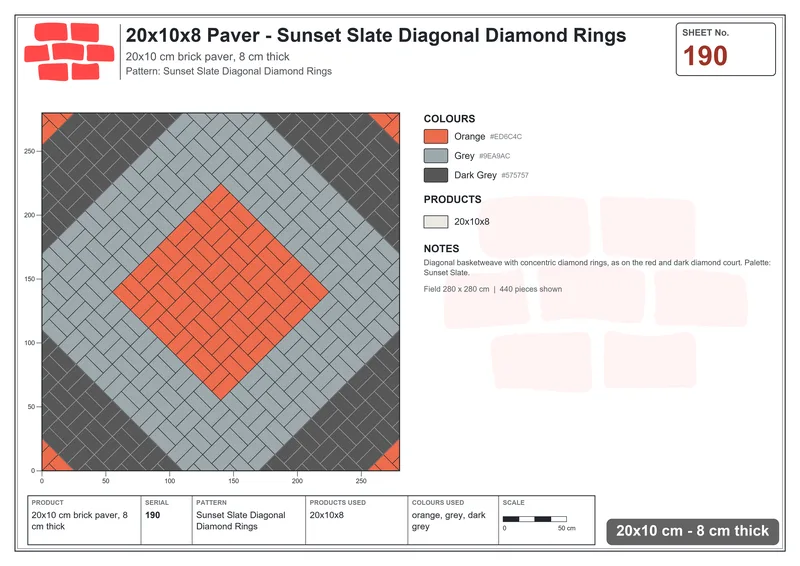 Interlock (Pasco) 20x10 cm · RC21T8-190 · Sunset Slate Diagonal Diamond Rings · Laying plan Interlock (Pasco) 20x10 cm · RC21T8-190 · Sunset Slate Diagonal Diamond Rings · Laying plan