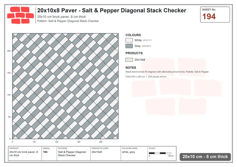 Interlock (Pasco) 20x10 cm · RC21T8-194 · Salt & Pepper Diagonal Stack Checker · Laying plan Interlock (Pasco) 20x10 cm · RC21T8-194 · Salt & Pepper Diagonal Stack Checker · Laying plan