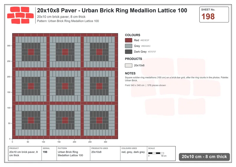 Interlock (Pasco) 20x10 cm · RC21T8-198 · Urban Brick Ring Medallion Lattice 100 · Laying plan Interlock (Pasco) 20x10 cm · RC21T8-198 · Urban Brick Ring Medallion Lattice 100 · Laying plan