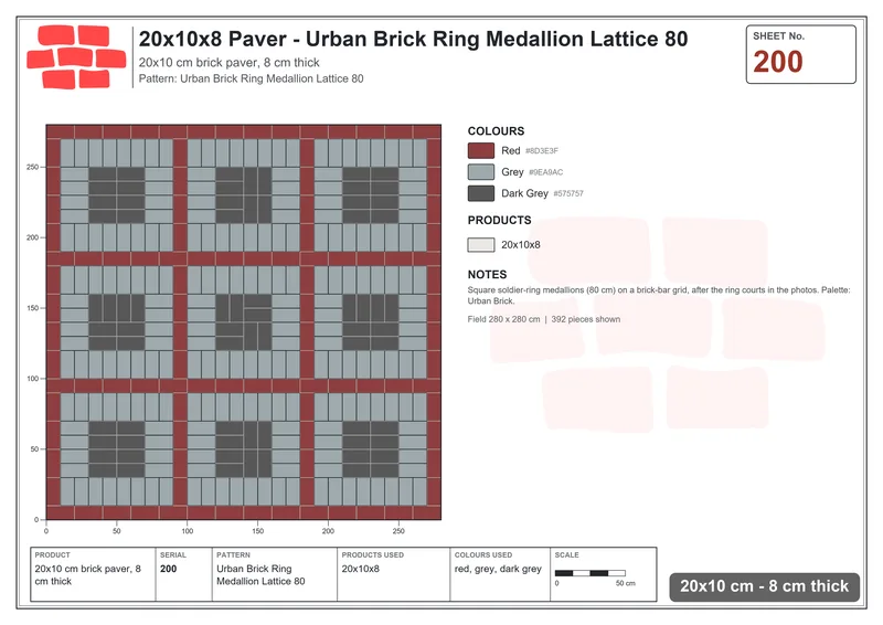 Interlock (Pasco) 20x10 cm · RC21T8-200 · Urban Brick Ring Medallion Lattice 80 · Laying plan Interlock (Pasco) 20x10 cm · RC21T8-200 · Urban Brick Ring Medallion Lattice 80 · Laying plan