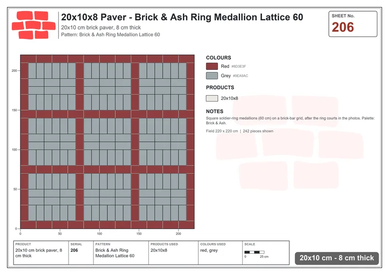 Interlock (Pasco) 20x10 cm · RC21T8-206 · Brick & Ash Ring Medallion Lattice 60 · Laying plan Interlock (Pasco) 20x10 cm · RC21T8-206 · Brick & Ash Ring Medallion Lattice 60 · Laying plan
