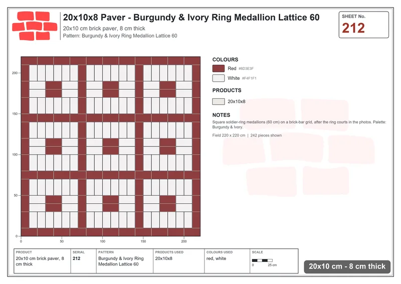 Interlock (Pasco) 20x10 cm · RC21T8-212 · Burgundy & Ivory Ring Medallion Lattice 60 · Laying plan Interlock (Pasco) 20x10 cm · RC21T8-212 · Burgundy & Ivory Ring Medallion Lattice 60 · Laying plan