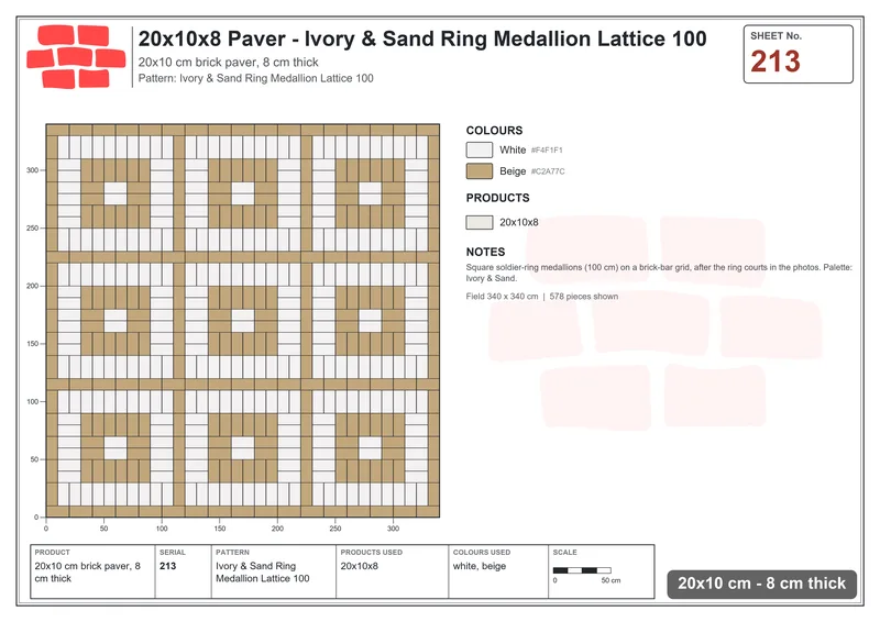 Interlock (Pasco) 20x10 cm · RC21T8-213 · Ivory & Sand Ring Medallion Lattice 100 · Laying plan Interlock (Pasco) 20x10 cm · RC21T8-213 · Ivory & Sand Ring Medallion Lattice 100 · Laying plan