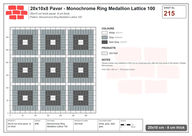 Interlock (Pasco) 20x10 cm · RC21T8-215 · Monochrome Ring Medallion Lattice 100 · Laying plan Interlock (Pasco) 20x10 cm · RC21T8-215 · Monochrome Ring Medallion Lattice 100 · Laying plan