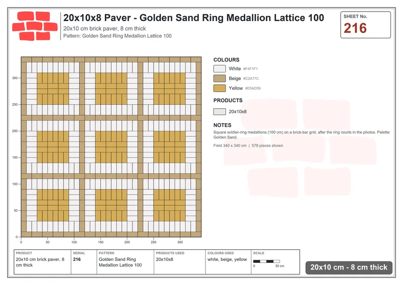 Interlock (Pasco) 20x10 cm · RC21T8-216 · Golden Sand Ring Medallion Lattice 100 · Laying plan Interlock (Pasco) 20x10 cm · RC21T8-216 · Golden Sand Ring Medallion Lattice 100 · Laying plan