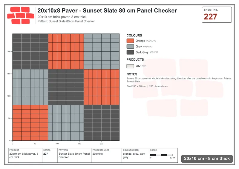 Interlock (Pasco) 20x10 cm · RC21T8-227 · Sunset Slate 80 cm Panel Checker · Laying plan Interlock (Pasco) 20x10 cm · RC21T8-227 · Sunset Slate 80 cm Panel Checker · Laying plan