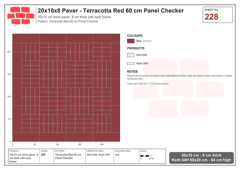 Interlock (Pasco) 20x10 cm · RC21T8-228 · Terracotta Red 60 cm Panel Checker · Laying plan Interlock (Pasco) 20x10 cm · RC21T8-228 · Terracotta Red 60 cm Panel Checker · Laying plan