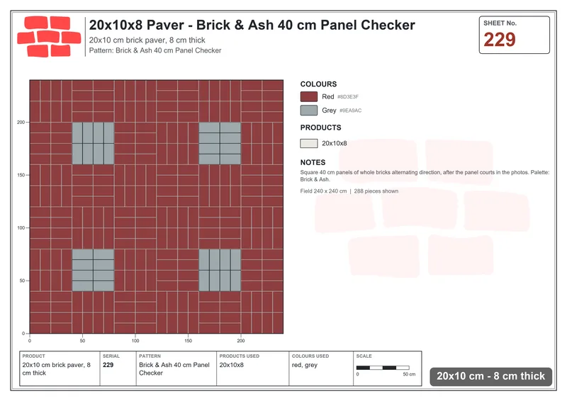 Interlock (Pasco) 20x10 cm · RC21T8-229 · Brick & Ash 40 cm Panel Checker · Laying plan Interlock (Pasco) 20x10 cm · RC21T8-229 · Brick & Ash 40 cm Panel Checker · Laying plan