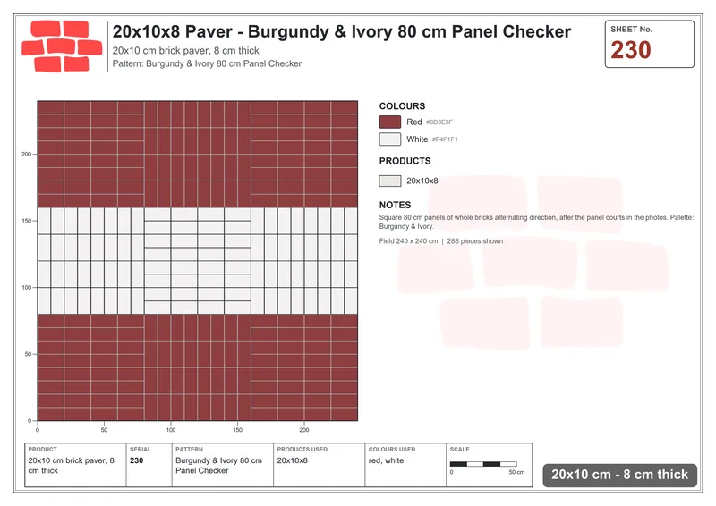 Interlock (Pasco) 20x10 cm · RC21T8-230 · Burgundy & Ivory 80 cm Panel Checker · Laying plan Interlock (Pasco) 20x10 cm · RC21T8-230 · Burgundy & Ivory 80 cm Panel Checker · Laying plan