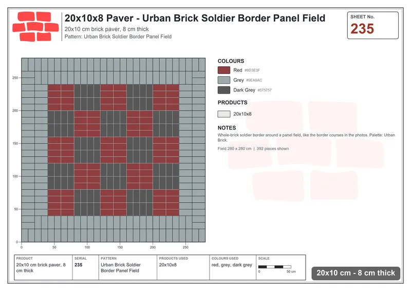 Interlock (Pasco) 20x10 cm · RC21T8-235 · Urban Brick Soldier Border Panel Field · Laying plan Interlock (Pasco) 20x10 cm · RC21T8-235 · Urban Brick Soldier Border Panel Field · Laying plan
