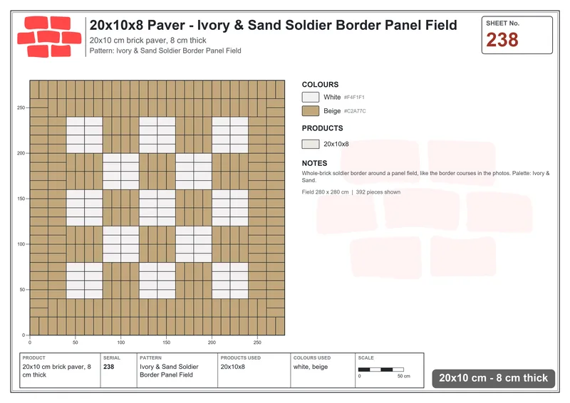 Interlock (Pasco) 20x10 cm · RC21T8-238 · Ivory & Sand Soldier Border Panel Field · Laying plan Interlock (Pasco) 20x10 cm · RC21T8-238 · Ivory & Sand Soldier Border Panel Field · Laying plan