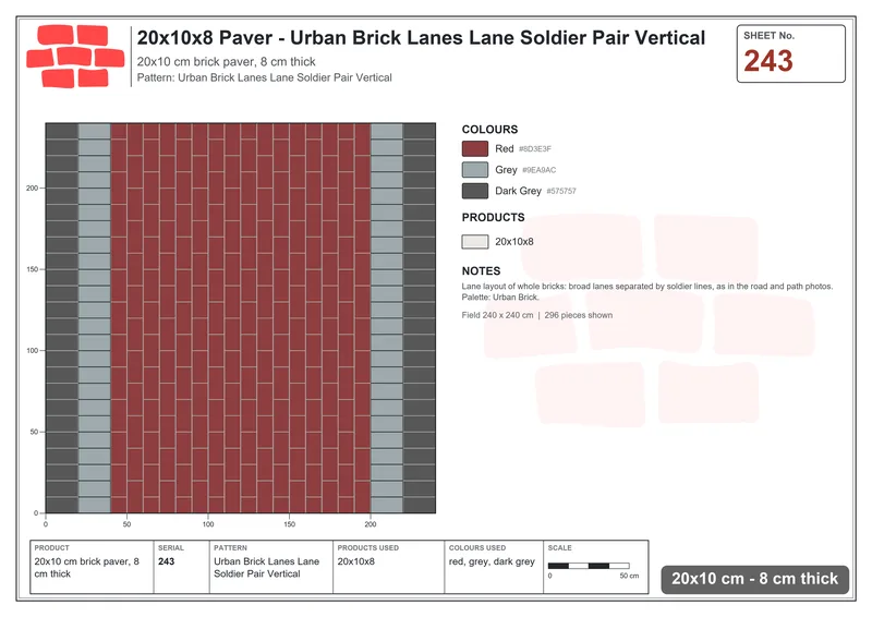 इंटरलॉक (पास्को) 20x10 सेमी · RC21T8-243 · Urban ईंट Lanes Lane सोल्जर जोड़ा ऊर्ध्वाधर · बिछाने का नक्शा इंटरलॉक (पास्को) 20x10 सेमी · RC21T8-243 · Urban ईंट Lanes Lane सोल्जर जोड़ा ऊर्ध्वाधर · बिछाने का नक्शा