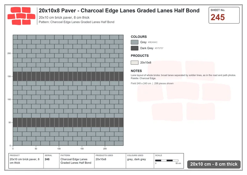 Interlock (Pasco) 20x10 cm · RC21T8-245 · Charcoal Edge Lanes Graded Lanes Half Bond · Laying plan Interlock (Pasco) 20x10 cm · RC21T8-245 · Charcoal Edge Lanes Graded Lanes Half Bond · Laying plan
