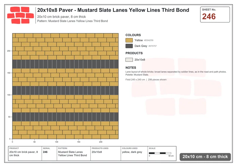 Interlock (Pasco) 20x10 cm · RC21T8-246 · Mustard Slate Lanes Yellow Lines Third Bond · Laying plan Interlock (Pasco) 20x10 cm · RC21T8-246 · Mustard Slate Lanes Yellow Lines Third Bond · Laying plan