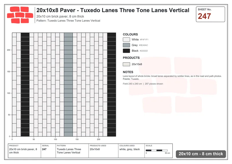 Interlock (Pasco) 20x10 cm · RC21T8-247 · Tuxedo Lanes Three Tone Lanes Vertical · Laying plan Interlock (Pasco) 20x10 cm · RC21T8-247 · Tuxedo Lanes Three Tone Lanes Vertical · Laying plan