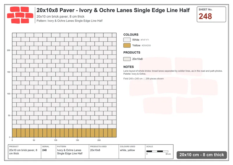 Interlock (Pasco) 20x10 cm · RC21T8-248 · Ivory & Ochre Lanes Single Edge Line Half · Laying plan Interlock (Pasco) 20x10 cm · RC21T8-248 · Ivory & Ochre Lanes Single Edge Line Half · Laying plan